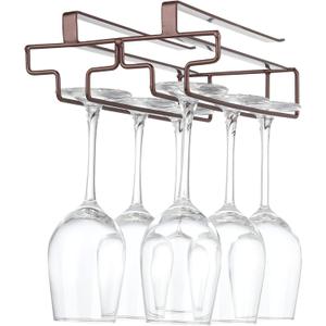 Wine Glass Rack Under Cabinet Drilling Free No Screw Steamware Holder Under Shelf Metal Wine Glasses Holders 304 Stainless Steel Hanger Storage Organizer Hanging Glass Fit for Bar Kitchen 2 Rows Brown