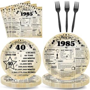 96Pcs 40th Birthday Plates and Napkins Back in 1985 Party Decorations Vintage 40 Year Old Dessert Plates 1985 Birthday Cheers to 40 Years Theme Tableware Set for 24 Guests Men Women Party Supplies