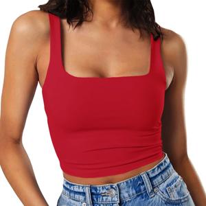 Artfish Women's Sleeveless Strappy Tank Square Neck Double Layer Workout Fitness Casual Basic Crop Tops (Large, Red)
