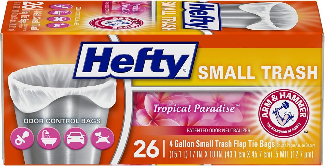 Hefty Small Garbage Bags, Flap Tie, Tropical Paradise Scent, 4 Gallon, 26 Count