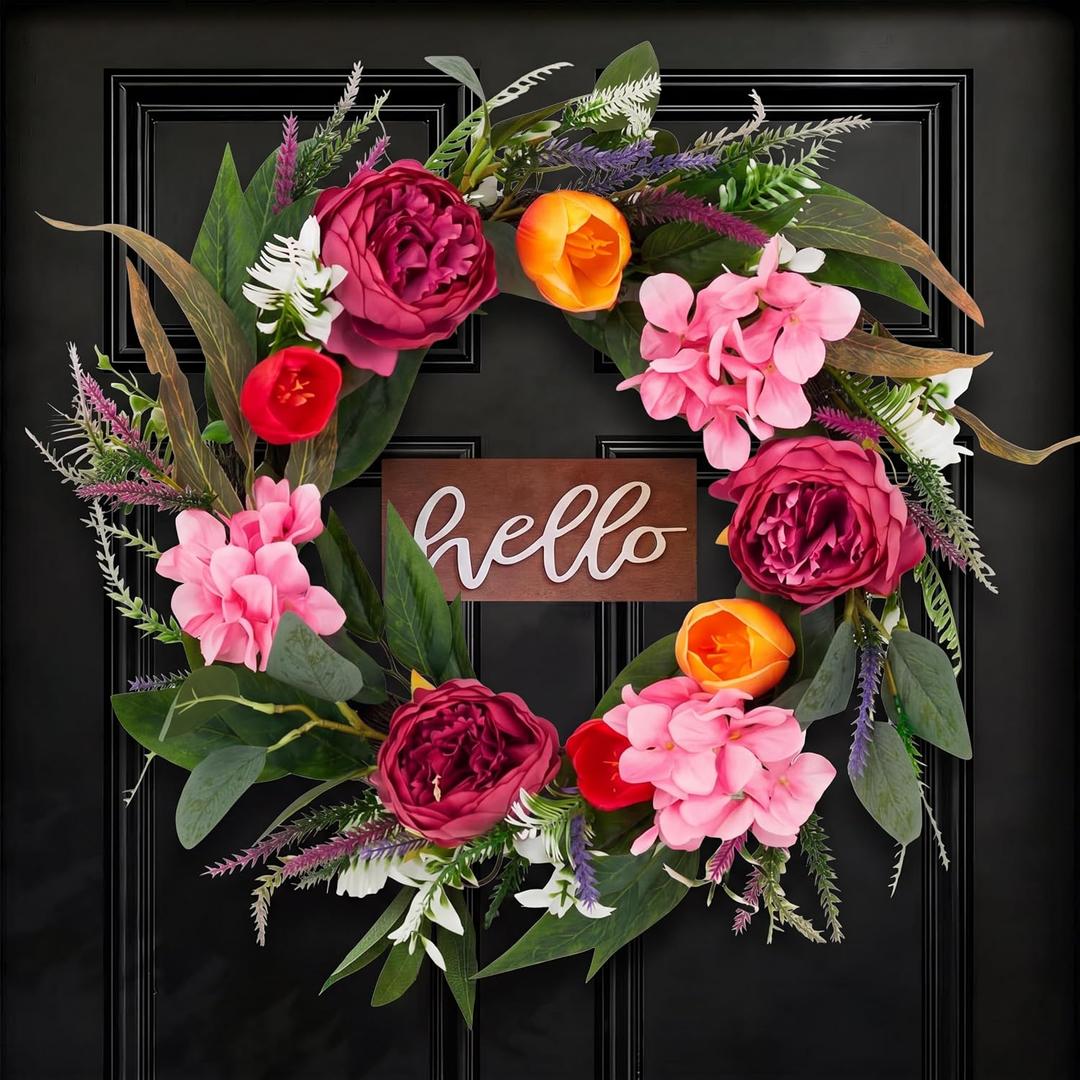 18in Summer Wreath for Front Door, Realistic Artificial Floral Door Wreath with Real Rattan Base, Includes 2 Matching Bouquets, Fake Flower for Spring Front Home, Mother's Day