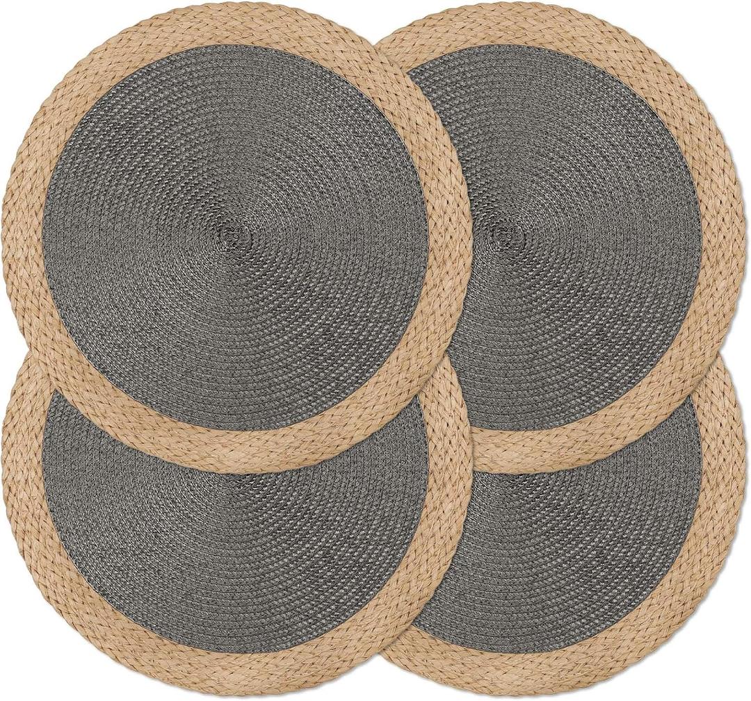 Noctiflorous Round Braided Placemats Set of 4 Table Mats 15 Inches Washable Heat Resistant for Dining Table Non-Slip Indoor Outdoor Place Mats for Thanksgiving Christmas Easter(Grey Wide Edge 4)