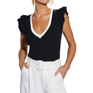 BONITEE Women Summer Ruffle Tops Sexy Deep V Neck Short Sleeve Shirts Trendy Casual Ribbed Slim Fitted Knit Tees Blouse, L BONITEE Women Summer Ruffle Tops Sexy Deep V Neck Short Sleeve Shirts Trendy Casual Ribbed Slim Fitted Knit Tees Blouse, L