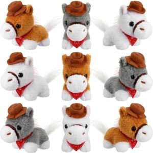9 Pack Horse Stuffed Animals 4 Inch Mini Plush Toy Standing Plush Horse with Cowboy Hat and Bandana Detachable Chain for Animal Theme Birthday Party Decor Supplie(Light Colors)