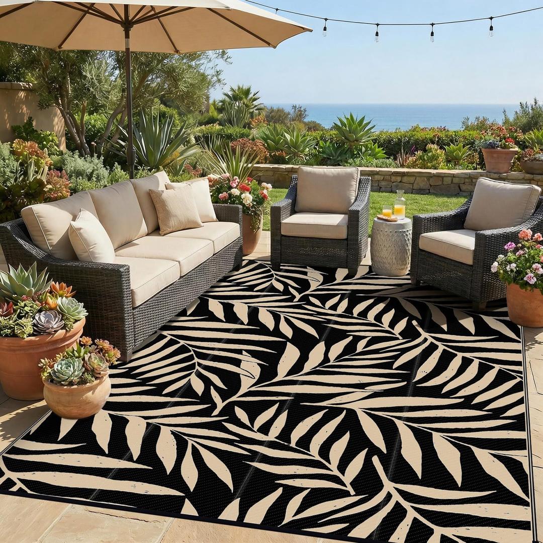 Smiry Outdoor Rug 9x12 ft, Waterproof Reversible Plastic Straw Rugs, Outdoor Area Rug with Leaf Pattern, Outside Floor Mat for Patio, Backyard, Deck, Picnic, Beach, Camping, Black & Beige