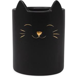 Isaac Jacobs Black Ceramic Cat Makeup Brush Holder, Multi-Purpose Cup Organizer. Bathroom, Kitchen, Bedroom, Office Dcor (Single Cup, Matte Black)