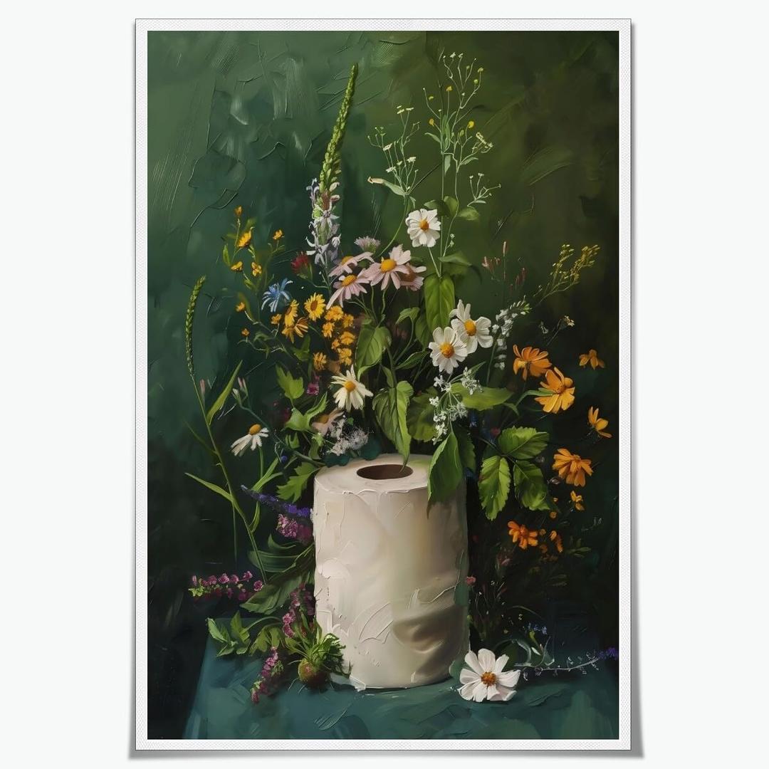 Dark Green Bathroom Wall Art Toilet Paper Roll Poster Vintage Flowers Painting Art Canvas Printing Moody Wildflowers Botanical For Home Room Toilets Wall Decor 12x18inch Unframed
