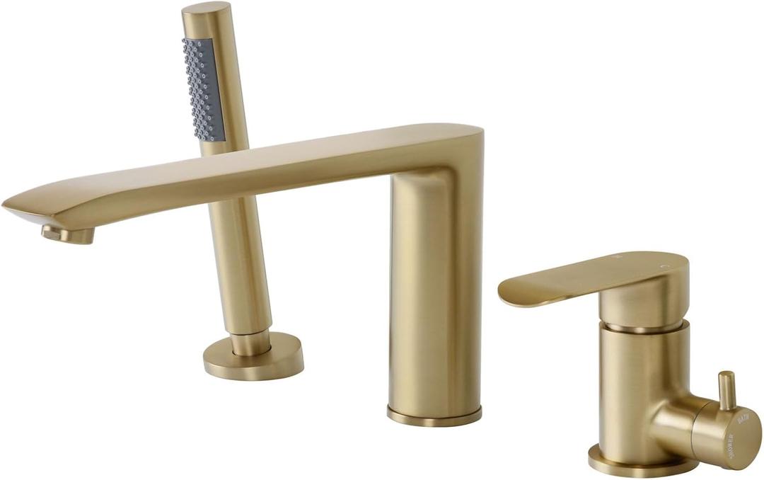 PHASAT Bathtub Faucet Brushed Gold,Tub Filler Faucet Deck Mounted,Solid Brass Tub Faucet 3 Holes Single Handle With Handheld Shower,PU5J09 PHASAT Bathtub Faucet Brushed Gold,Tub Filler Faucet Deck Mounted,Solid Brass Tub Faucet 3 Holes Single Handle With Handheld Shower,PU5J09