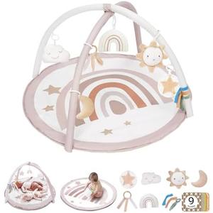 Baby Play Gym Mat, Tummy Time Activity Mat with 7 Detachable Toys and 12 Milestone Cards for Stage-Based Sensory and Motor Skill Development, Washable Play Mats for Infant, Newborn Baby Essentials