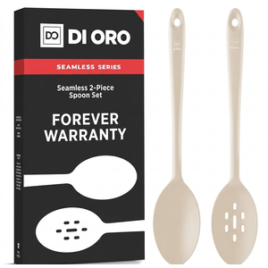 DI ORO Silicone Spoons for Cooking - Large Kitchen Spoons for Mixing, Serving, & Stirring - 600°F Heat-Resistant Non Stick Utensils – Big Solid & Slotted Basting Spoons - Dishwasher Safe (2pc, Clay)
