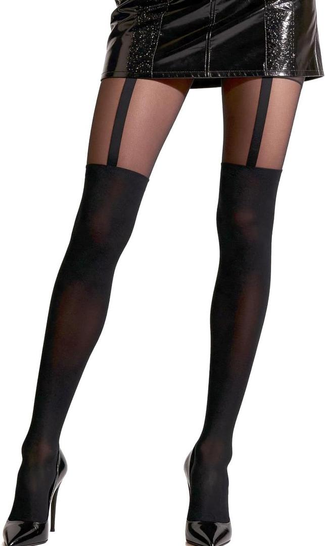 Mila Marutti Mock Suspender Pantyhose for Women | Black Faux Thigh High Garter Stockings | Patterned Fashion Tights (Black, L)