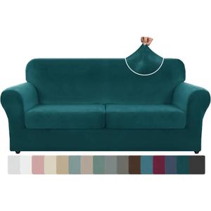 ZNSAYOTX Oversized Velvet 3 Piece Couch Cover with 2 Extra Large Seat Cushion Covers Stretch Sofa Cover for 2 Cushion Couch Thick Soft Loveseat Sofa Slipcover (Deep Teal), 72"-92"(2 Cushions)