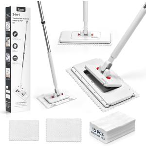 2-in-1 Dual Size Hands Free Flat Mop, Snap Grip Mini & Large Mop | Compatible with Swiffer Pads, 15 Dry Pads and Reusable Cloths, Lazy Mops for Hardwood, Tile, Walls & Tight Spaces Cleaning