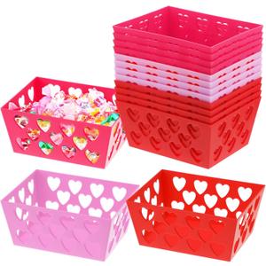 Menkxi 12 Pcs Valentine's Day Pink and Red Baskets, 5.5 x 4 x 2.5 Small Heart Hollowed Plastic Baskets Bulk Empty Love Gift Container Storage Bins for Home Party Favor Valentine's Day