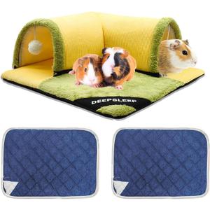 3 Pcs Guinea Pig Hideout Tunnel with Removable Base & 2 Liners - Machine Washable Soft Small Animal Bed & Play Tube for Chinchillas, Hamsters, Ferrets, Bunny - Cage Accessories with Hideaway House (19.68" x 19.68" x 6", yellow)