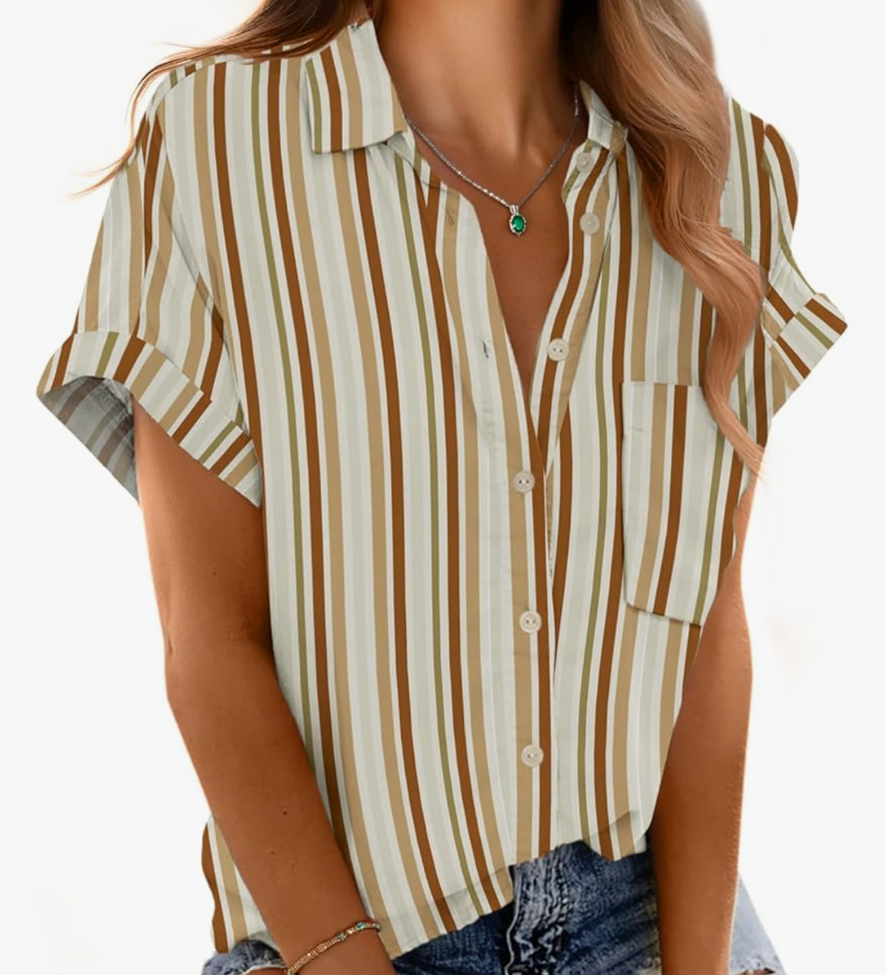 Mintreus Short Sleeve Shirts for Women V Neck Loose Collared Button Down Shirt Casual Summer Tops with Pockets Beach Blouse Xs