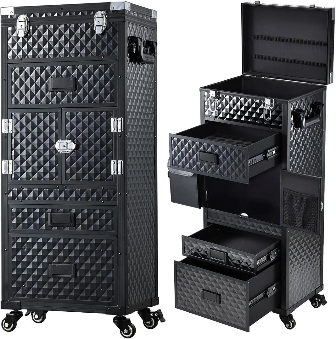 Rolling Makeup Case Salon Cart 5-In-1 Cosmetology Case on Wheels 3 Drawers