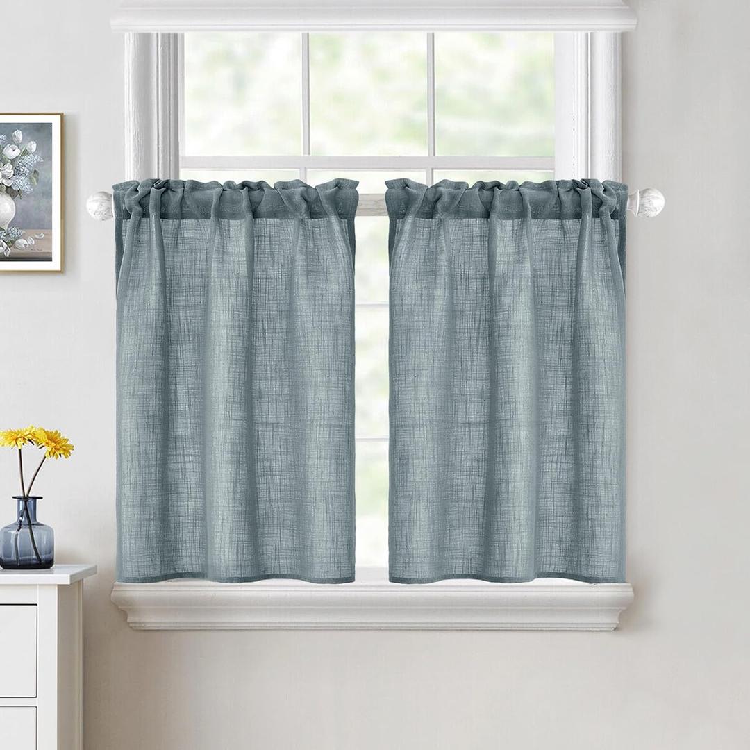 MIULEE Cafe Curtains 36 Inch Length Half Window Curtain Semi Sheer Farmhouse Short Linen Drapes for Kitchen Bathroom Basement Small Window, Rod Pocket Tier Curtains 2 Panels W26XL36, Stone Blue