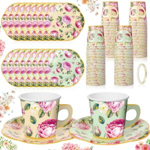 Umigy 36 Sets Tea Party Decorations 6.5oz Floral Paper Tea Cups with Handle and Plates Disposable Blossom Teacups and Saucers Sets with Tape for Hot Cold Drink Birthday (Vintage Style)