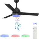 Black 52 Inch Ceiling Fan with RGB Dimming LED Light,with Music Bluetooth Speaker,with Remote Control,3-Speed Regulation, Reversible Motor,Timing,for Living Room,Bedroom,Restaurant