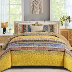 WONGS BEDDING Boho Quilt Set Queen Size, Bohemian Striped Bedspread Coverlet Set with 2 Pillow Shams, Yellow Quilt Bedding Set for Farmhouse Bedroom (Queen, 96"x90")
