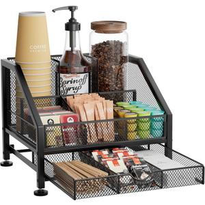 SWTYMIKI Coffee Bar Organizer for Countertop  Space-Saving Kcup Organizer with Drawer and Tiered Shelves, Countertop Coffee Station for Pods, Sugar, Syrup, Cups, Stirrers, Mesh Condiment Storage
