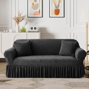 WONGS BEDDING Stretch Velvet Sofa Slipcover, Cushion Couch Cover with Skirt, Pet Friendly Durable Washable Stretchable, Easy Fit Universal Furniture Protector, (57"-73",Black) (Medium)