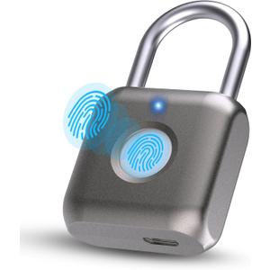 Pothunder Fingerprint Smart Padlock Lock, Biometric Metal Keyless Thumbprint Lock, Waterproof, USB Rechargeable, for Gym Locker, School Locker, Luggage, Backpack, Suitcase(Gray) (Gold)