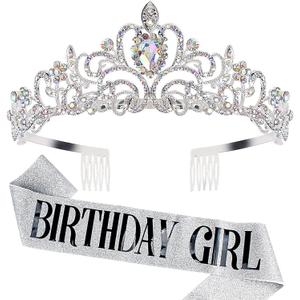 COCIDE Birthday Sash & Tiara Set - Silver Rhinestone Tiara & Sash for Women's Birth Party Decoration Kit