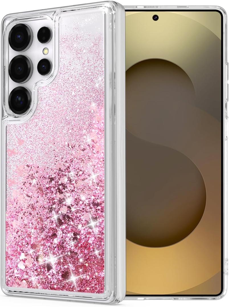 for Galaxy S25 Ultra Case, Double Layer Design Bling Flowing Liquid Floating Sparkle Colorful Glitter Waterfall TPU Protective Phone Case, Pink