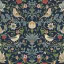 FunStick Navy Blue Floral Wallpaper Peel and Stick Vintage William Morris Green Leaf Bird Red Strawberry Victorian Wallpaper for Bathroom Waterproof Floral Contact Paper for Walls Cabinets 17.5"x118"