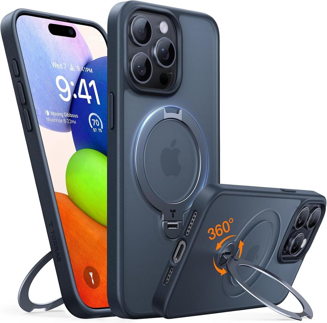 TORRAS Upgraded 360 Spin Magnetic Stand for iPhone 15 Pro Case, Fit for MagSafe, Builtin Kickstand & Ring Holder, MilGrade Protective Soft Edge Translucent Case for iPhone 15 Pro, Black 6.3''