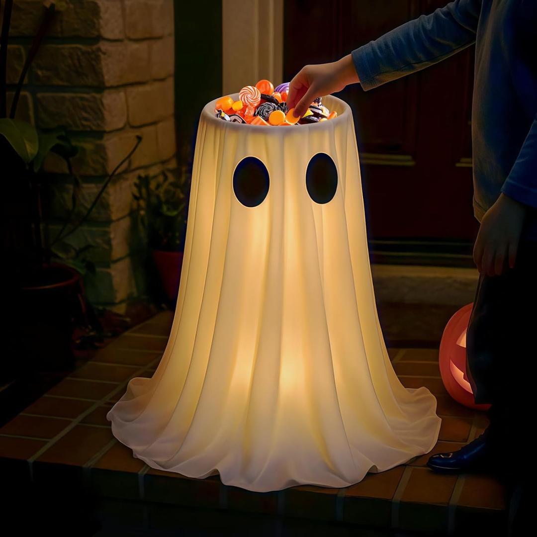 Halloween Door Decorations - Glowing Ghost Candy Holder Bowl - Halloween Porch Decor with String Lights & Timer Remote for Trick-or-Treating on Party Lawn Yard Outdoor Indoor