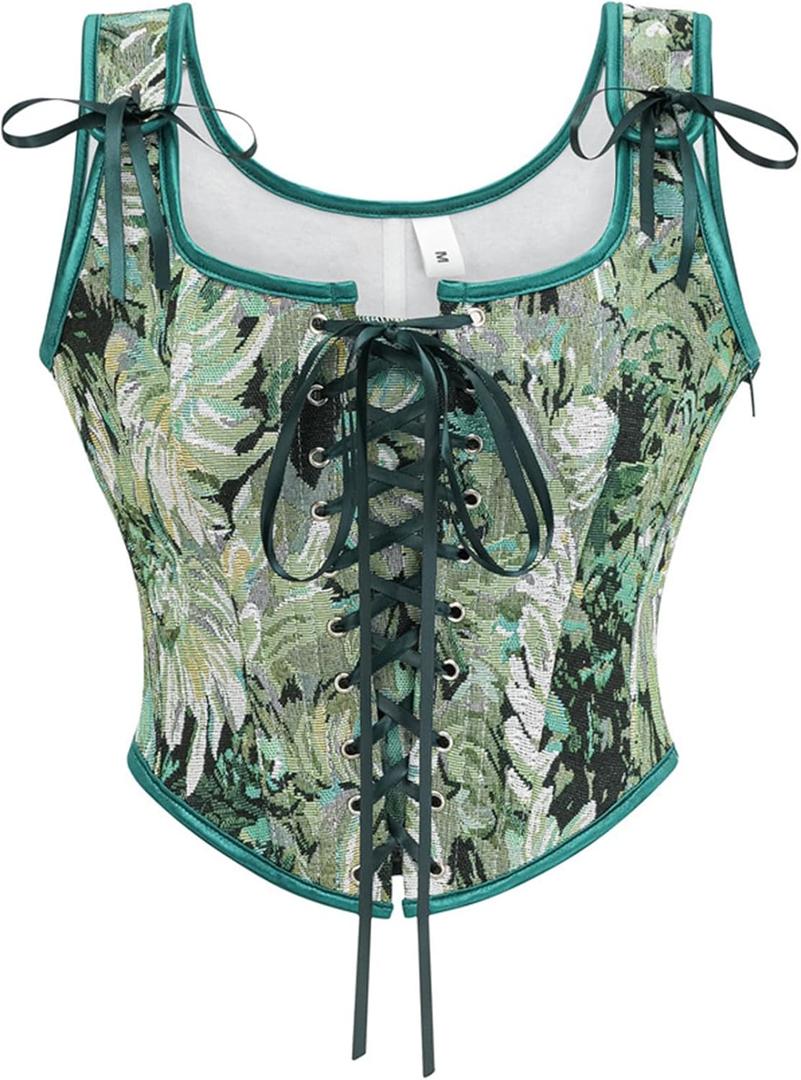 Women's Vintage Floral Print Vest Renaissance Corset Lace Up Fishbone Bustier Tops Pirate Costume (Large, Green)