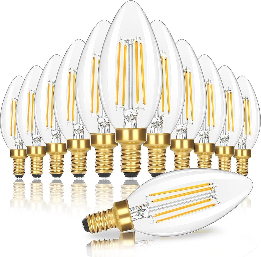 Dimmable E12 Candelabra LED Light Bulbs 60 Watt Equivalent, 6W 630LM Chandelier Light Bulb 2700K Soft Warm White, Vintage LED Filament Clear Glass Candle Light Bulbs, 90+ CRI, No Flicker, 12-Pack