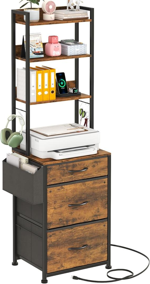 3 Fabric Drawer Tall File Cabinet with Charging Station, 4-Tier Filing Cabinet with Adjustable Shelf, Printer Stand for Home Office, Fits A4/Letter/Legal, Rustic Brown, 68.9''H
