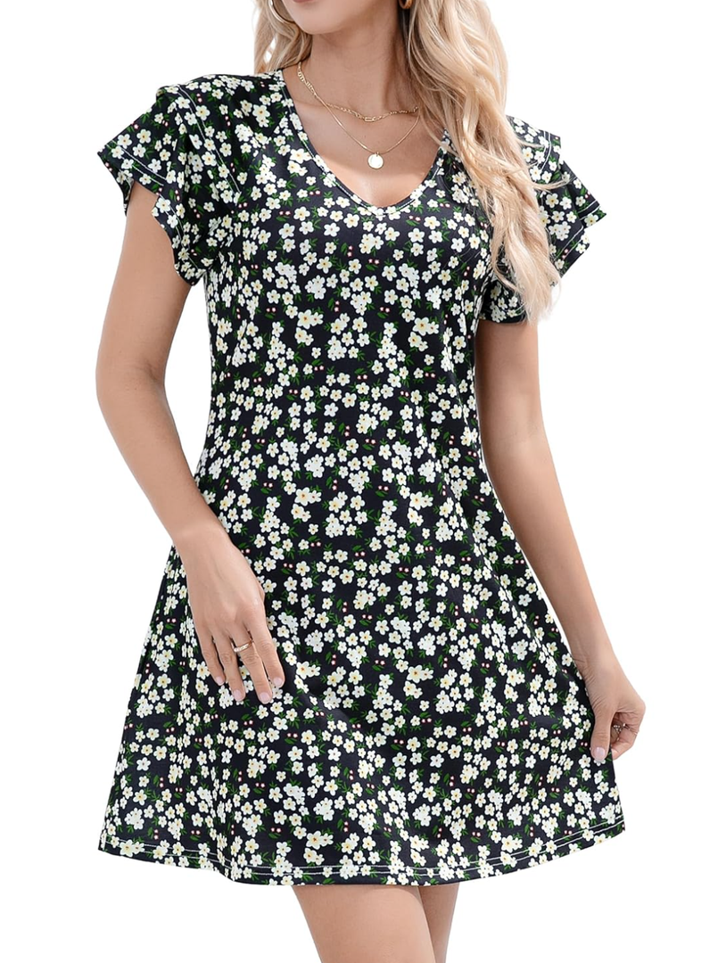 Summer Dresses for Women 2025 Casual Ruffle Sleeves Mini Dress Sundresses Floral Boho Beach Dresses with Pockets
M