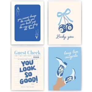 okaxscm Navy Coquette Preppy Cowgirl Wall Art Prints Set of 4, Coastal Cowgirl Decor, Preppy Room Decor Aesthetic, Blue 8 Ball Cherry Bow Wall Decor Posters for Girls Bedroom Dorm, 12x16 Unframed