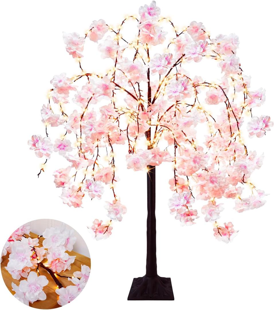 4FT Cherry Blossom Tree with 360 LED Fairy Lights Artificial Lighted Tree with 8 Lighting Modes Light Up Pink Tree with Faux Flowers for Spring Wedding Party Indoor Outdoor Decor