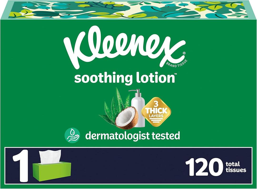 Kleenex Soothing Lotion Facial Tissues with Coconut Oil, Aloe & Vitamin E, 1 Flat Box, 120 Tissues per Box, 3-Ply (120 Total Tissues)