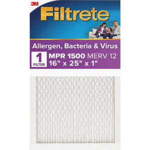 Filtrete 16x25x1 AC Furnace Air Filter, MERV 12, MPR 1500, CERTIFIED asthma & allergy friendly, 3 Month Pleated 1-Inch Electrostatic Air Cleaning Filter, 2-Pack Actual Size 15.69 x 24.69 x 0.78 in