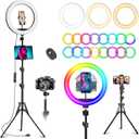 10.3" Ring Light with Tripod and Phone Holder, LED Selfie Ring Light with Tablet Holder, 51 Color Modes Circle Lights with Stand, 12 Dimming Levels, Christmas White Elephant Gifts for TikTok/YouTube