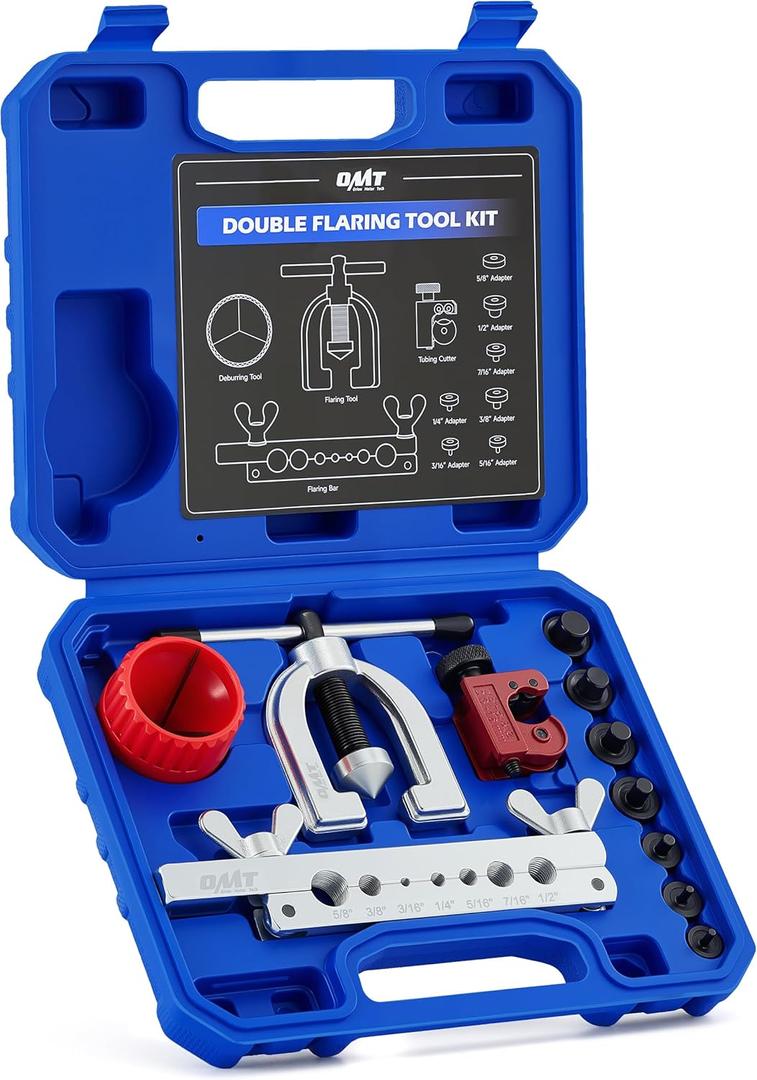 Orion Motor Tech Flaring Tool Kit, 11 pc. Flare Tool Kit for 45 Single Double Flares with 7 Adapters, Brake Flare Tool with Tube Cutter Deburring Tool for Hydraulic System, Copper Tubing Flare Kit