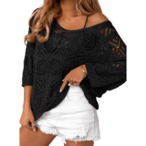 Dokotoo Women's 2025 Spring Summer Crochet Hollow Out 3/4 Sleeve Pullover Sweater Off Shoulder T-Shirts (Medium, Black)