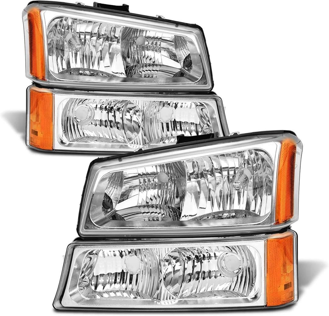 for 2003 2004 2005 2006 Chevy Silverado Headlight Assembly compatible with 03-06 Silverado Avalanche 1500/2500/3500 Clear Lens Chrome Housing Amber Reflector Headlamp Replacement Pair