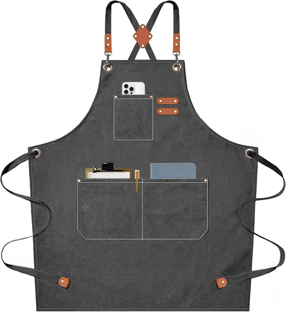 AFUN Chef Aprons for Men Women with Large Pockets, Cotton Canvas Cross Back Heavy Duty Adjustable Work Apron, Size M to XXL(Grey)