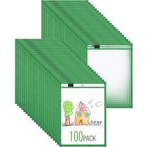 Nezyo Dry Erase Pockets Plastic Job Ticket Holders Shop Holder Order Pockets Clear Sleeves Tickets Folders Plastic Sleeves Paper Teacher Supplies for Classroom(10 x 14 in,Dark Green,100 Pcs)