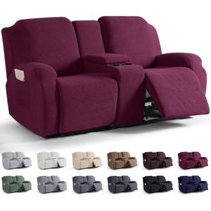 KinCam Loveseat Recliner Covers with Middle Console Slipcover, Recliner Sofa Covers 2 Seat Couch Cover Stripe Jacquard Furniture Protector Covers with Elastic Bottom for Kids, Pets (Burgundy)