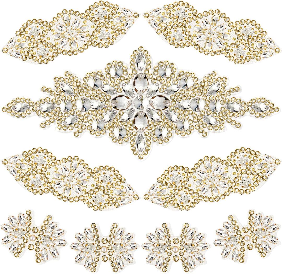 9 Pcs Rhinestone Applique Iron on Patch 3 Style Rhinestone Hot Fix Applique Wedding Hair Appliques for Bridal Wedding Dress Clothing Sash Crystal Belt Sewing Appliques for Shoes(Gold)