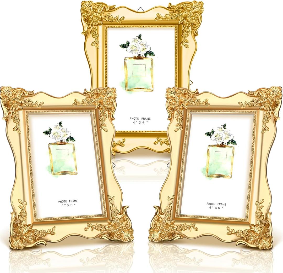 GlikCeil 3 Pcs 4 x 6 Vintage Picture Frame Trim Antique Ornate Resin Photo Frame with Easel and Hook for Tabletop Wall Art Decor Display Home Office (Gold)
